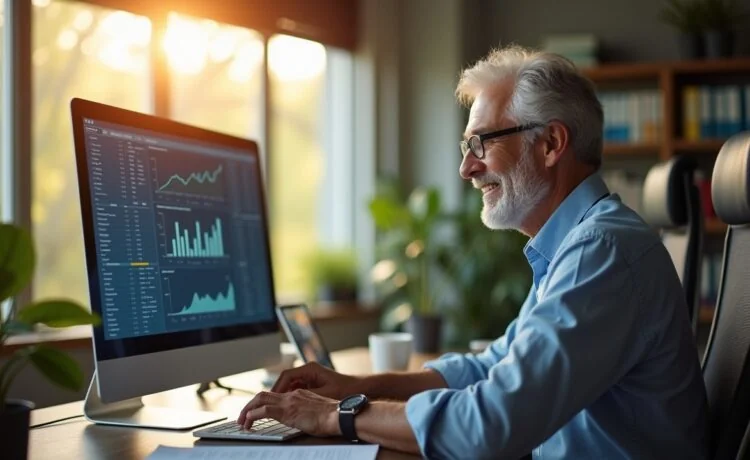 In einem hell erleuchteten, modernen Büro mit großen Fenstern sieht man einen nachdenklichen Milliardär mittleren Alters, der mit warmem Lächeln vor einem Bildschirm voller komplexer Daten und KI-Analysen sitzt, während natürliche Sonnenstrahlen seine Umgebung in harmonisches Licht tauchen und die zukunftsweisende Verbindung von Reichtum und künstlicher Intelligenz lebendig widerspiegeln.