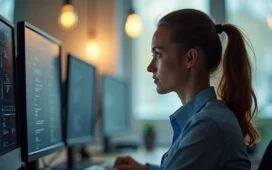 Ein dynamisches Porträt einer modernen Steuerfahnderin in hell erleuchtetem, freundlichem Büroambiente, die konzentriert auf mehreren Bildschirmen komplexe Krypto-Daten analysiert, umgeben von natürlichem Tageslicht und subtiler Technik-Atmosphäre, die Vertrauen, Fortschritt und intelligente digitale Spurensuche ausstrahlt.