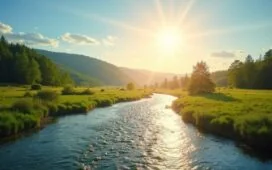 Ein warm beleuchtetes, sonnendurchflutetes Panorama zeigt moderne Satelliten hoch am klaren Himmel über einer lebendigen Flusslandschaft, während sanfte Wasserwellen und üppiges Grün die Hoffnung und Präzision der KI-gestützten Klimaüberwachung und Hochwasserprognosen eindrucksvoll widerspiegeln.