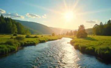 Ein warm beleuchtetes, sonnendurchflutetes Panorama zeigt moderne Satelliten hoch am klaren Himmel über einer lebendigen Flusslandschaft, während sanfte Wasserwellen und üppiges Grün die Hoffnung und Präzision der KI-gestützten Klimaüberwachung und Hochwasserprognosen eindrucksvoll widerspiegeln.
