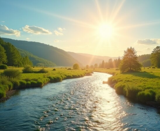 Ein warm beleuchtetes, sonnendurchflutetes Panorama zeigt moderne Satelliten hoch am klaren Himmel über einer lebendigen Flusslandschaft, während sanfte Wasserwellen und üppiges Grün die Hoffnung und Präzision der KI-gestützten Klimaüberwachung und Hochwasserprognosen eindrucksvoll widerspiegeln.
