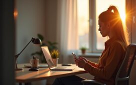 In einem modernen, hell erleuchteten Büro sitzt eine konzentrierte junge Fachkraft mit Smartphone in der Hand, umgeben von warmem Tageslicht und subtilen technischen Details, während sanfte Sonnenstrahlen durch das Fenster fallen und eine Atmosphäre aus Achtsamkeit und digitaler Vernetzung schaffen.