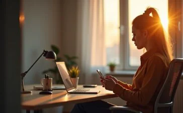 In einem modernen, hell erleuchteten Büro sitzt eine konzentrierte junge Fachkraft mit Smartphone in der Hand, umgeben von warmem Tageslicht und subtilen technischen Details, während sanfte Sonnenstrahlen durch das Fenster fallen und eine Atmosphäre aus Achtsamkeit und digitaler Vernetzung schaffen.