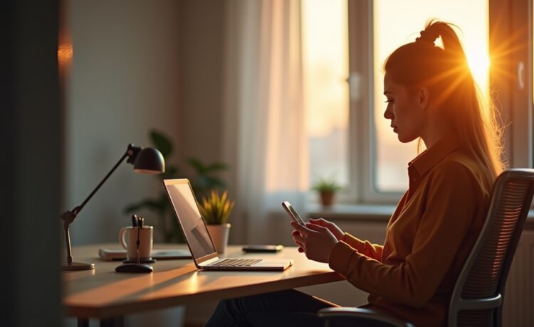 In einem modernen, hell erleuchteten Büro sitzt eine konzentrierte junge Fachkraft mit Smartphone in der Hand, umgeben von warmem Tageslicht und subtilen technischen Details, während sanfte Sonnenstrahlen durch das Fenster fallen und eine Atmosphäre aus Achtsamkeit und digitaler Vernetzung schaffen.