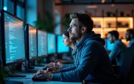 Ein modernes, freundlich beleuchtetes Entwicklerbüro mit konzentrierten Programmierern vor hellen Bildschirmen, die in entspannter Atmosphäre innovative Softwarelösungen gestalten und dabei die Vielfalt vernetzter KI-Modelle im Hintergrund symbolisieren.