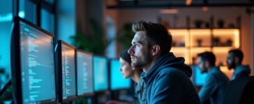 Ein modernes, freundlich beleuchtetes Entwicklerbüro mit konzentrierten Programmierern vor hellen Bildschirmen, die in entspannter Atmosphäre innovative Softwarelösungen gestalten und dabei die Vielfalt vernetzter KI-Modelle im Hintergrund symbolisieren.