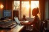 In einem hell erleuchteten, modernen Musikstudio sitzt eine junge Produzentin entspannt vor einem großen Mischpult und einem Laptop, umgeben von Instrumenten und Monitoren, während warme Sonnenstrahlen durch bodentiefe Fenster fallen und eine einladende, kreative Atmosphäre voller Inspiration und technologischer Innovation schaffen.
