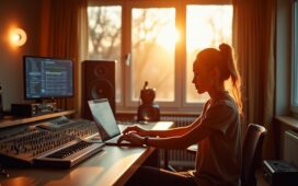 In einem hell erleuchteten, modernen Musikstudio sitzt eine junge Produzentin entspannt vor einem großen Mischpult und einem Laptop, umgeben von Instrumenten und Monitoren, während warme Sonnenstrahlen durch bodentiefe Fenster fallen und eine einladende, kreative Atmosphäre voller Inspiration und technologischer Innovation schaffen.