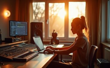 In einem hell erleuchteten, modernen Musikstudio sitzt eine junge Produzentin entspannt vor einem großen Mischpult und einem Laptop, umgeben von Instrumenten und Monitoren, während warme Sonnenstrahlen durch bodentiefe Fenster fallen und eine einladende, kreative Atmosphäre voller Inspiration und technologischer Innovation schaffen.