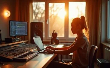 In einem hell erleuchteten, modernen Musikstudio sitzt eine junge Produzentin entspannt vor einem großen Mischpult und einem Laptop, umgeben von Instrumenten und Monitoren, während warme Sonnenstrahlen durch bodentiefe Fenster fallen und eine einladende, kreative Atmosphäre voller Inspiration und technologischer Innovation schaffen.