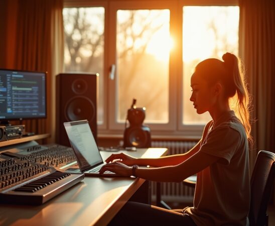 In einem hell erleuchteten, modernen Musikstudio sitzt eine junge Produzentin entspannt vor einem großen Mischpult und einem Laptop, umgeben von Instrumenten und Monitoren, während warme Sonnenstrahlen durch bodentiefe Fenster fallen und eine einladende, kreative Atmosphäre voller Inspiration und technologischer Innovation schaffen.