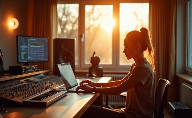 In einem hell erleuchteten, modernen Musikstudio sitzt eine junge Produzentin entspannt vor einem großen Mischpult und einem Laptop, umgeben von Instrumenten und Monitoren, während warme Sonnenstrahlen durch bodentiefe Fenster fallen und eine einladende, kreative Atmosphäre voller Inspiration und technologischer Innovation schaffen.
