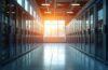 Ein hell erleuchteter, moderner Serverraum mit sanft warmem Tageslicht, der durch große Fenster strömt und die kühle Hightech-Infrastruktur in ein einladendes, nachhaltiges Ambiente taucht, während freundliche Techniker konzentriert an energieeffizienten Kühlsystemen mit natürlichen Kältemitteln arbeiten.