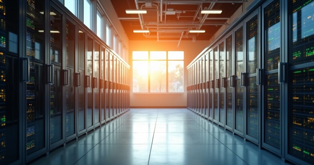 Ein hell erleuchteter, moderner Serverraum mit sanft warmem Tageslicht, der durch große Fenster strömt und die kühle Hightech-Infrastruktur in ein einladendes, nachhaltiges Ambiente taucht, während freundliche Techniker konzentriert an energieeffizienten Kühlsystemen mit natürlichen Kältemitteln arbeiten.
