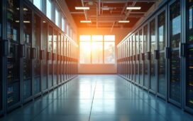 Ein hell erleuchteter, moderner Serverraum mit sanft warmem Tageslicht, der durch große Fenster strömt und die kühle Hightech-Infrastruktur in ein einladendes, nachhaltiges Ambiente taucht, während freundliche Techniker konzentriert an energieeffizienten Kühlsystemen mit natürlichen Kältemitteln arbeiten.