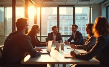 Ein dynamisches, helles Büro mit natürlichen Sonnenstrahlen, in dem ein vielfältiges Team aus KI-Experten bei einem offenen, engagierten Austausch über Datensicherheit und innovative Datenschutzstrategien in der EU sitzt, umgeben von moderner Technik und freundlicher, einladender Atmosphäre.