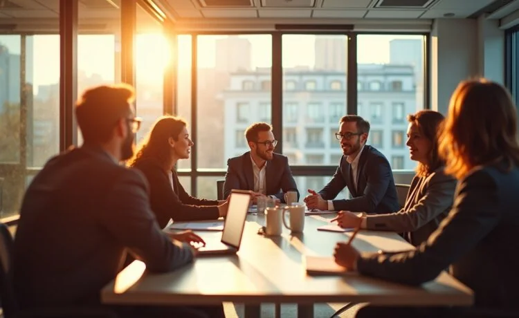 Ein dynamisches, helles Büro mit natürlichen Sonnenstrahlen, in dem ein vielfältiges Team aus KI-Experten bei einem offenen, engagierten Austausch über Datensicherheit und innovative Datenschutzstrategien in der EU sitzt, umgeben von moderner Technik und freundlicher, einladender Atmosphäre.