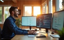 Ein strahlend hell erleuchteter, moderner Arbeitsplatz mit einem lächelnden Entwickler vor mehreren großen Monitoren, die in natürlichem Tageslicht einen klaren Blick auf komplexe Container- und Debugging-Dashboards bieten, umgeben von minimalistischer Technik in warmen Holztönen und sanftem Sonnenlicht, das eine Atmosphäre von Produktivität, Fortschritt und kreativer Zusammenarbeit vermittelt.