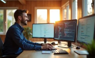 Ein strahlend hell erleuchteter, moderner Arbeitsplatz mit einem lächelnden Entwickler vor mehreren großen Monitoren, die in natürlichem Tageslicht einen klaren Blick auf komplexe Container- und Debugging-Dashboards bieten, umgeben von minimalistischer Technik in warmen Holztönen und sanftem Sonnenlicht, das eine Atmosphäre von Produktivität, Fortschritt und kreativer Zusammenarbeit vermittelt.