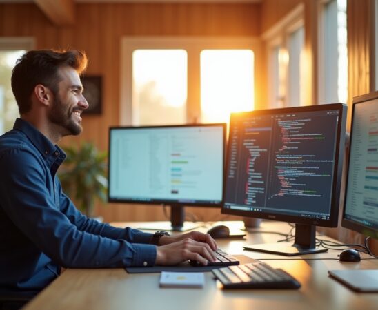 Ein strahlend hell erleuchteter, moderner Arbeitsplatz mit einem lächelnden Entwickler vor mehreren großen Monitoren, die in natürlichem Tageslicht einen klaren Blick auf komplexe Container- und Debugging-Dashboards bieten, umgeben von minimalistischer Technik in warmen Holztönen und sanftem Sonnenlicht, das eine Atmosphäre von Produktivität, Fortschritt und kreativer Zusammenarbeit vermittelt.