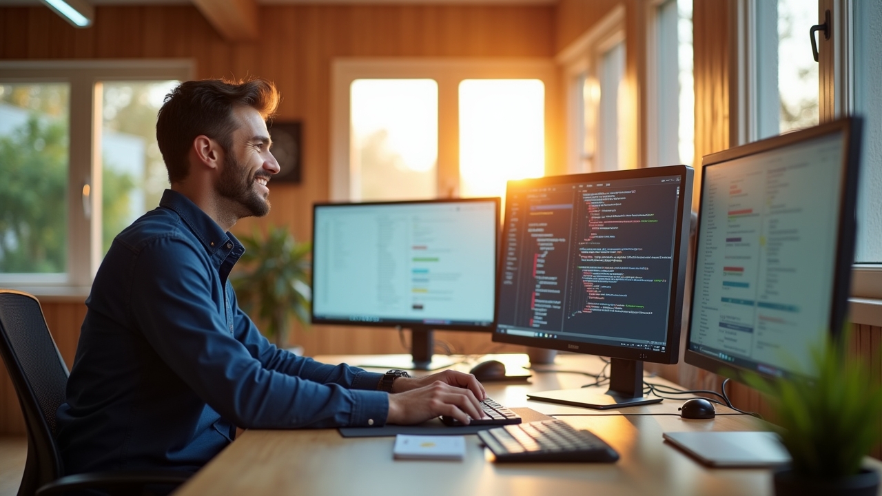 Ein strahlend hell erleuchteter, moderner Arbeitsplatz mit einem lächelnden Entwickler vor mehreren großen Monitoren, die in natürlichem Tageslicht einen klaren Blick auf komplexe Container- und Debugging-Dashboards bieten, umgeben von minimalistischer Technik in warmen Holztönen und sanftem Sonnenlicht, das eine Atmosphäre von Produktivität, Fortschritt und kreativer Zusammenarbeit vermittelt.