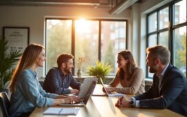 Helle, freundliche Szene in einem modernen Büro mit entspannten Fachleuten, die bei natürlichem Licht gemeinsam an Datenschutzthemen arbeiten und so den positiven Wandel der EU-DSGVO-Durchsetzung symbolisieren.