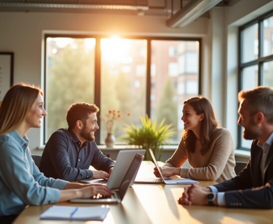 Helle, freundliche Szene in einem modernen Büro mit entspannten Fachleuten, die bei natürlichem Licht gemeinsam an Datenschutzthemen arbeiten und so den positiven Wandel der EU-DSGVO-Durchsetzung symbolisieren.