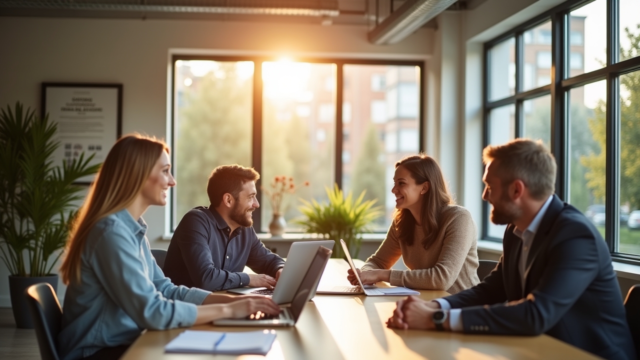 Helle, freundliche Szene in einem modernen Büro mit entspannten Fachleuten, die bei natürlichem Licht gemeinsam an Datenschutzthemen arbeiten und so den positiven Wandel der EU-DSGVO-Durchsetzung symbolisieren.