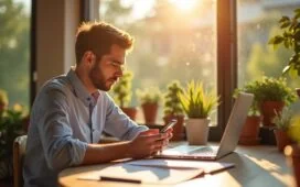 Ein heller, natürlicher Arbeitsplatz mit einem entspannten Menschen, der im warmen Sonnenschein auf einem modernen Smartphone eine Messenger-App nutzt, während im Hintergrund unscharf heimischer Alltag und sanfte Pflanzen für Vertrauen und digitale Verbundenheit sorgen.