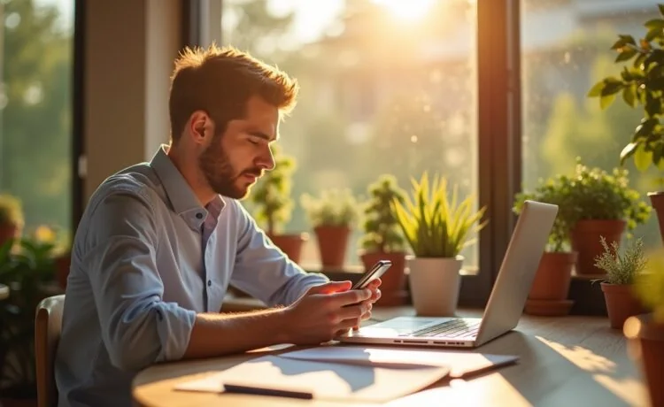 Ein heller, natürlicher Arbeitsplatz mit einem entspannten Menschen, der im warmen Sonnenschein auf einem modernen Smartphone eine Messenger-App nutzt, während im Hintergrund unscharf heimischer Alltag und sanfte Pflanzen für Vertrauen und digitale Verbundenheit sorgen.