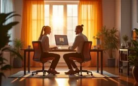 Ein warm beleuchtetes, modernes Büro mit natürlichem Tageslicht, in dem zwei visionäre Designer entspannt an einem schlanken, futuristischen Gerät arbeiten – subtil inspiriert von Apple-Ästhetik, das die harmonische Verbindung von Kreativität, Technologie und menschlicher Inspiration in einer lebendigen, freundlich-einladenden Atmosphäre einfängt.