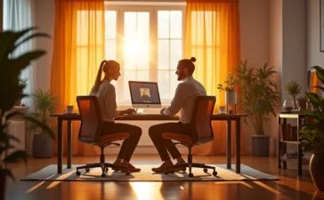 Ein warm beleuchtetes, modernes Büro mit natürlichem Tageslicht, in dem zwei visionäre Designer entspannt an einem schlanken, futuristischen Gerät arbeiten – subtil inspiriert von Apple-Ästhetik, das die harmonische Verbindung von Kreativität, Technologie und menschlicher Inspiration in einer lebendigen, freundlich-einladenden Atmosphäre einfängt.