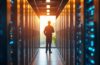 Ein hell erleuchteter, moderner Serverraum mit glänzenden, modularen KI-optimierten Rechenzentren-Racks, die in warmes Tageslicht getaucht sind, während ein konzentrierter Techniker mit freundlichem Lächeln die innovative Architektur inspiziert, die nachhaltige Kühlungssysteme und Hightech-Hardware harmonisch verbindet.