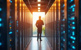 Ein hell erleuchteter, moderner Serverraum mit glänzenden, modularen KI-optimierten Rechenzentren-Racks, die in warmes Tageslicht getaucht sind, während ein konzentrierter Techniker mit freundlichem Lächeln die innovative Architektur inspiziert, die nachhaltige Kühlungssysteme und Hightech-Hardware harmonisch verbindet.