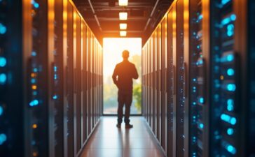 Ein hell erleuchteter, moderner Serverraum mit glänzenden, modularen KI-optimierten Rechenzentren-Racks, die in warmes Tageslicht getaucht sind, während ein konzentrierter Techniker mit freundlichem Lächeln die innovative Architektur inspiziert, die nachhaltige Kühlungssysteme und Hightech-Hardware harmonisch verbindet.