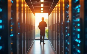 Ein hell erleuchteter, moderner Serverraum mit glänzenden, modularen KI-optimierten Rechenzentren-Racks, die in warmes Tageslicht getaucht sind, während ein konzentrierter Techniker mit freundlichem Lächeln die innovative Architektur inspiziert, die nachhaltige Kühlungssysteme und Hightech-Hardware harmonisch verbindet.