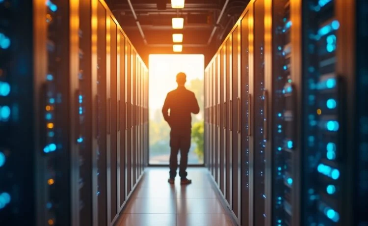 Ein hell erleuchteter, moderner Serverraum mit glänzenden, modularen KI-optimierten Rechenzentren-Racks, die in warmes Tageslicht getaucht sind, während ein konzentrierter Techniker mit freundlichem Lächeln die innovative Architektur inspiziert, die nachhaltige Kühlungssysteme und Hightech-Hardware harmonisch verbindet.
