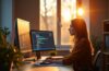 In einem hell erleuchteten, modernen Arbeitszimmer blickt eine entspannte Entwicklerin konzentriert auf mehrere Bildschirme mit Code und Daten, während warmes Tageslicht durch große Fenster fällt und eine Atmosphäre von Ruhe, Achtsamkeit und innovativem Schutz in der digitalen Welt schafft.