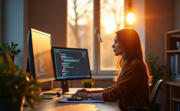 In einem hell erleuchteten, modernen Arbeitszimmer blickt eine entspannte Entwicklerin konzentriert auf mehrere Bildschirme mit Code und Daten, während warmes Tageslicht durch große Fenster fällt und eine Atmosphäre von Ruhe, Achtsamkeit und innovativem Schutz in der digitalen Welt schafft.