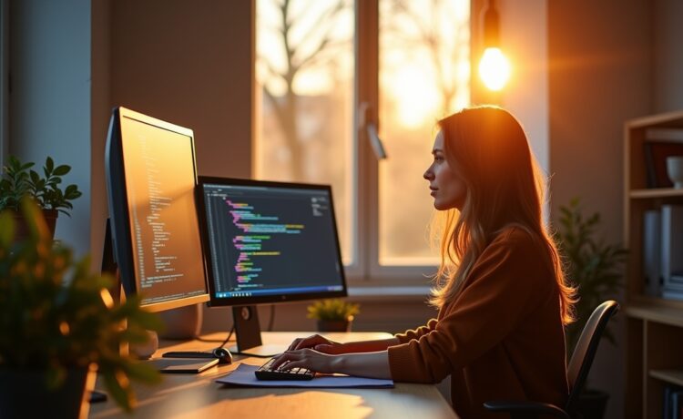 In einem hell erleuchteten, modernen Arbeitszimmer blickt eine entspannte Entwicklerin konzentriert auf mehrere Bildschirme mit Code und Daten, während warmes Tageslicht durch große Fenster fällt und eine Atmosphäre von Ruhe, Achtsamkeit und innovativem Schutz in der digitalen Welt schafft.