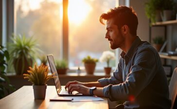 In einem hell erleuchteten, modernen Entwicklerbüro arbeitet ein konzentrierter Software-Engineer entspannt am Laptop, während warme Sonnenstrahlen durch ein großes Fenster fallen und die angenehme, freundliche Atmosphäre einer kreativen Tech-Community vermitteln.