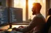 Ein sonnendurchflutetes, modernes Entwicklerbüro mit entspanntem Programmierer vor zwei Bildschirmen, die klar strukturierten Code in einer freundlichen, warmen Atmosphäre zeigen, während ein Fenster im Hintergrund sanftes Tageslicht hereinlässt und das Bild lebendig und einladend wirken lässt.