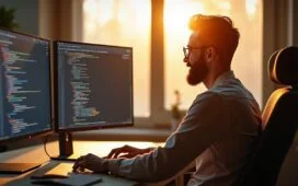 Ein sonnendurchflutetes, modernes Entwicklerbüro mit entspanntem Programmierer vor zwei Bildschirmen, die klar strukturierten Code in einer freundlichen, warmen Atmosphäre zeigen, während ein Fenster im Hintergrund sanftes Tageslicht hereinlässt und das Bild lebendig und einladend wirken lässt.