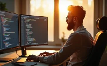 Ein sonnendurchflutetes, modernes Entwicklerbüro mit entspanntem Programmierer vor zwei Bildschirmen, die klar strukturierten Code in einer freundlichen, warmen Atmosphäre zeigen, während ein Fenster im Hintergrund sanftes Tageslicht hereinlässt und das Bild lebendig und einladend wirken lässt.