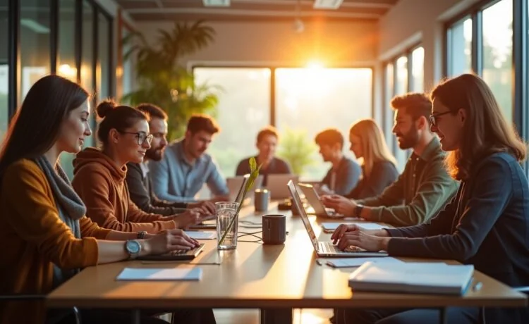 Ein lichtdurchflutetes, modernes Büro mit Menschen unterschiedlichen Alters und Herkunft, die engagiert an Laptops und Tablets arbeiten, umgeben von warmen Holztönen und Pflanzen, symbolisiert die vertrauensvolle und fortschrittliche Atmosphäre eines digitalen Datenschutzgesetzes in Kalifornien.