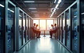 Ein hell erleuchteter, freundlicher Technikraum mit modernen Serverracks, in dem engagierte IT-Fachleute konzentriert und kollegial an digitalen Verwaltungsprozessen arbeiten, umgeben von natürlichem Tageslicht und warmem Ambiente, das Optimismus und Fortschritt für die regionale Digitalisierung ausstrahlt.