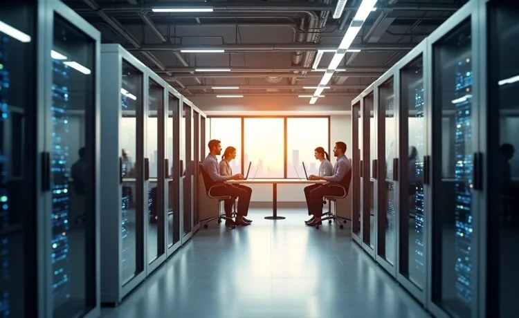 Ein hell erleuchteter, freundlicher Technikraum mit modernen Serverracks, in dem engagierte IT-Fachleute konzentriert und kollegial an digitalen Verwaltungsprozessen arbeiten, umgeben von natürlichem Tageslicht und warmem Ambiente, das Optimismus und Fortschritt für die regionale Digitalisierung ausstrahlt.