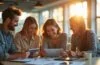 Ein lichtdurchflutetes, modernes Büro mit freundlichen Mitarbeitenden, die konzentriert an Tablets und Laptops zusammenarbeiten, während warmes Tageslicht durch große Fenster fällt und die Atmosphäre von technologischer Innovation und menschlicher Verbundenheit erzählt.
