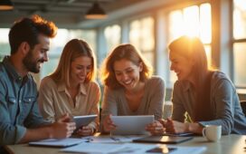 Ein lichtdurchflutetes, modernes Büro mit freundlichen Mitarbeitenden, die konzentriert an Tablets und Laptops zusammenarbeiten, während warmes Tageslicht durch große Fenster fällt und die Atmosphäre von technologischer Innovation und menschlicher Verbundenheit erzählt.