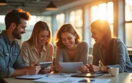 Ein lichtdurchflutetes, modernes Büro mit freundlichen Mitarbeitenden, die konzentriert an Tablets und Laptops zusammenarbeiten, während warmes Tageslicht durch große Fenster fällt und die Atmosphäre von technologischer Innovation und menschlicher Verbundenheit erzählt.